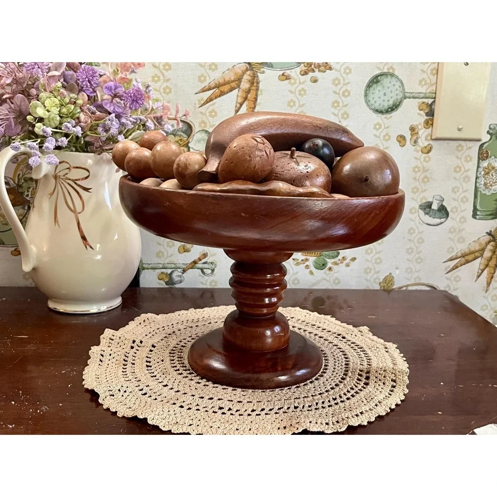 Vintage MCM Hand-Carved Wooden Fruit Bowl Centerpiece 15 Piece Set